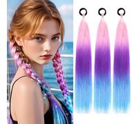 PORSMEER 3 Packs Ponytail Extension 24 inch Pink/Purple/Blue Colored Hair Extensions for Braiding Ombre Pony Tail Hair Extensions for Braids with Hair Tie Glitter Hair for Festival/Party