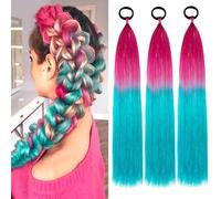 PORSMEER 3 Packs Ponytail Extension 24 inch Red to Cyan Colored Hair Extensions Tinsel Mixed for for Girl Women Braiding Ombre Pony Tail Glitter Hair with Tie Rave Crazy Hair Day
