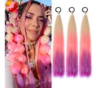 PORSMEER 3 Pcs Rainbow Hair Extensions With Elastic Tie,3 Tone Mermaid Hair for Braiding Crochet,Synthetic Braided Ponytail Extension for Women,Glitter Hair for Festival/Party(Blonde/Pink/Purple)