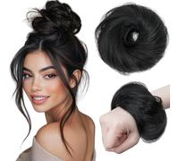 PORSMEER 30g Human Hair Messy Bun Hair Piece 100% Real Hair Chignons Scrunchies Natural Wavy Fluffy Buns for Women Donut Updo Hair Pieces Bun Extension Jet Black-1#