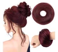 PORSMEER 30g Human Hair Messy Bun Hair Piece 100% Real Hair Chignons Scrunchies Natural Wavy Fluffy Buns for Women Donut Updo Hair Pieces Bun Extension Wine Red-99J#