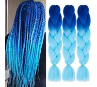 PORSMEER 3PCS 24inch Hair Extensions for Jumbo Braiding Ombre Blue Pre Stretched Braiding Hair Heat Resistant Yaki Synthetic African Box Braids Crochet Twist hair for Womens Girls,Dark Blue/Light Blue