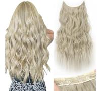 PORSMEER Ash Blonde Invisible Wire Hair Extensions with Transparent Wire Adjustable Size 4 Secure Clips 20 inch Long Wavy Secret Hairpiece,Gray Blonde