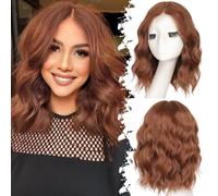 PORSMEER Auburn Brown Short Wavy Bob Wigs with Lace Middle Parting for Women Girls Natural Shoulder Length Synthetic Hair Wig Realistic Looking Wigs for Daily Party Use 14”