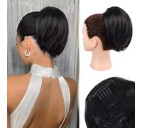PORSMEER Black Hair Bun Ponytail Extension,Short Straight Synthetic Hairpiece Drawstring Ponytail Bun Extensions with Comb Clip in Fake Pony Tails Hairpieces for Women Daily Party
