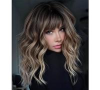PORSMEER Brown Ombre Wig with Bangs, Short Wavy Wigs for Women, Shoulder Length Curly Synthetic Hair Wig for Cosplay Halloween Party Daily Use
