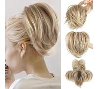 PORSMEER Claw Clip in Short BLonde Ponytail Hair Extension with Bendable Metal Wire Hair Pieces for Women Messy Bun Hair Piece, Fake Pony Tail DIY Styles(Deep Blonde with Highlights)