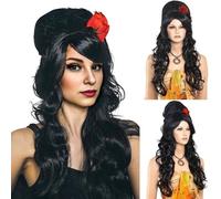 PORSMEER Compatible with Amy Winehouse Wig -Long Black Bouffant Beehive Curly Wig with Red Flower For Women Fancy Dress or 90s Costume Halloween Party