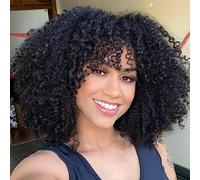 PORSMEER Curly Afro Wigs for Black Women Short Kinky Curly Wigs with Fringe Premium Synthetic Hair Full Fluffy Black Wig for Ladies Daily Wear or Cosplay Party,14inch