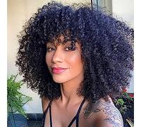 PORSMEER Curly Afro Wigs for Black Women Short Kinky Curly Wigs with Fringe Premium Synthetic Hair Full Fluffy Black Wig for Ladies Daily Wear or Cosplay Party,14inch