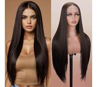 PORSMEER Dark Brown Wig Long Straight Wigs Pre Plucked Natural Lace Hairline for Women Sorrel Heat Resistant Fiber Hair Cosplay Daily Wear Wig