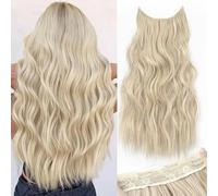 PORSMEER Invisible Wire Hair Extensions with Transparent Headband Adjustable Size 4 Secure Clips Long Wavy Secret Wire Hairpiece 20 Inch for Women (20 Inch, Light Brown mix Platinum Blonde)