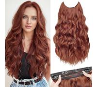 PORSMEER Light Copper Brown Invisible Wire Hair Extensions with Transparent Wire Adjustable Size 4 Secure Clips 20 inch Long Wavy Secret Hairpiece,Auburn