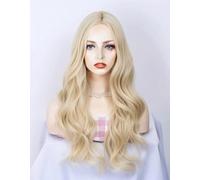 PORSMEER Long blonde Wavy Curly Wig for Women Ladies Fancy Dress Charming Full Hair Long Replacement Wigs for Cosplay Party 28 inches Synthetic Wig with Rose red Square Scarves