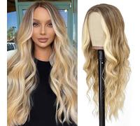 PORSMEER Long Brown to Blonde Highlighted Wigs for Women Ladies Ombre Blonde with Dark Roots Middle Part Natural Looking Loose Wave Synthetic Hair Wig for Everyday or Halloween,26inch