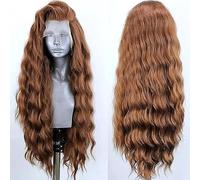 PORSMEER Long Copper Brown Water Wave Lace Front Wigs Realistic Looking Synthetic Heat Resistant Fiber Hair Free Part Glueless Lace Wig for Women Unisex Daily or Party Use 26Inch (Auburn)
