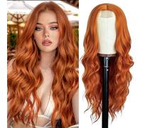 PORSMEER Long Copper Orange Wavy Wig - Lace Middle Part Curly Wavy Synthetic Heat Resistant Fiber Wig for Daily Party Use - 26 Inch