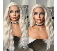 PORSMEER Long Platinum Blonde Water Wave Lace Front Wigs Realistic Looking Synthetic Heat Resistant Fiber Hair Free Part Glueless Lace Wig for Women Ladies Unisex Daily or Party Use 24Inch