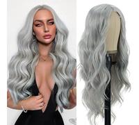 PORSMEER Long Silver Grey Wavy Wig - 26 Inch Lace Middle Part Curly Wavy Synthetic Heat Resistant Fiber Wig for Daily & Party Use