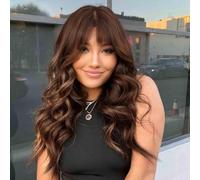 PORSMEER Long Wavy Ombre Brown Wigs with Fringe for Women 26 Inches Long Curly Wavy Synthetic Resistant Hair Wigs for Daily or Party Use (Ombre dark brown)