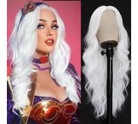 PORSMEER Long White Wigs for Women Natural Wavy Curly Synthetic Hair Wig for Costume Cosplay Party or Daily Wear 24 inches Platinum Blonde