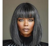 PORSMEER Medium Long Black Mix Silver Hair Wigs for Women Ladies Gray Bob Wigs with Fringe Natural Straight Synthetic Hair Wig 16 Inches,Everyday or Party