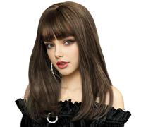 PORSMEER Medium Long Brown Hair Wigs for Women Ladies Brown Bob Wigs with Fringe Natural Straight Synthetic Hair Wig 16 Inches,Everyday or Halloween Fancy dress Wig