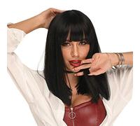 PORSMEER Medium Long Hair Wigs for Women Ladies Black Bob Wigs with Fringe Natural Straight Synthetic Hair Wig 16 Inches,Everyday or Halloween Movie Costume Wig