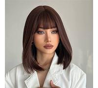 PORSMEER Medium Long Hair Wigs for Women Ladies Brown Bob Wigs with Fringe Natural Straight Synthetic Hair Wig 16 Inches,Everyday or Halloween Fancy dress Wig