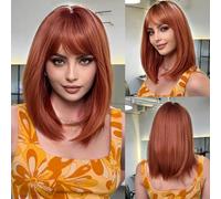 PORSMEER Medium Long Hair Wigs for Women Ladies Copper Red Bob Wigs with Fringe Natural Straight Synthetic Hair Wig 16 Inches,Everyday or Halloween Fancy dress Wig