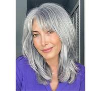 PORSMEER Medium Long Hair Wigs for Women Ladies Gray Bob Wigs with Fringe Natural Straight Synthetic Hair Wig 16 Inches,Everyday or Halloween Fancy dress Wig