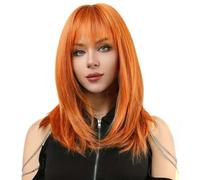 PORSMEER Medium Long Hair Wigs for Women Ladies Orange Bob Wigs with Fringe Natural Straight Synthetic Hair Wig 16 Inches,Everyday or Halloween Fancy dress Wig