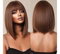 PORSMEER Medium Long Hair Wigs for Women Ladies Reddish Brown Bob Wigs with Fringe Natural Straight Synthetic Hair Wig 16 Inches,Everyday or Halloween Fancy dress Wig
