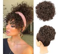 PORSMEER Messy Bun Short Curly Elastic Drawstring Ponytail Extension, Loose Hair Bun Hair Pieces Dark Brown for Women,Natural Synthetic Hair Chignons Afro Puff Ponytail Bun