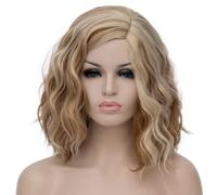 PORSMEER Natural Looking Wavy Curly Bob Hair Wigs for Women Shoulder Length Blonde mixed brown Highlights Full Wigs with Middle Part for Daily Use or Cosplay Party