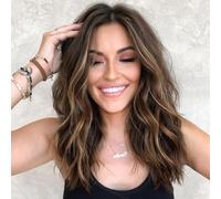 PORSMEER Natural Looking Wavy Curly Bob Hair Wigs for Women Shoulder Length Brown Mixed Blonde Highlights Full Wigs with Middle Part for Daily Use or Cosplay Party