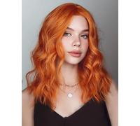 PORSMEER Natural Looking Wavy Curly Bob Hair Wigs for Women Shoulder Length Orange Full Wigs with Middle Part for Daily Use or Cosplay Party,14inch