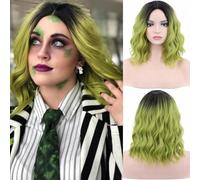 PORSMEER Ombre Green Short Curly Wavy Bob Wig for Women Girls - Cosplay Costume Party - Cap Included, 14 Inches