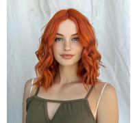 PORSMEER Orange Short Wig Natural Lace Hairline Wigs with Middle Part Shoulder Length Short Wavy Synthetic Bob Wig Realistic Looking Wigs for Daily Party Use 14”
