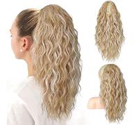 PORSMEER Ponytail Extension,Claw Clip Ponytail Hair Extensions Blonde highlights Natural Looking Long Curly Wavy Multi Layered Fluffy Synthetic Hairpiece for Women Girls Daily Wear or Party,18inch