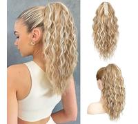 PORSMEER Ponytail Extension,Claw Clip Ponytail Hair Extensions Blonde Mix Light Brown Natural Looking Long Curly Wavy Multi Layered Fluffy Synthetic Hairpiece for Women Party Daily Wear 18inch
