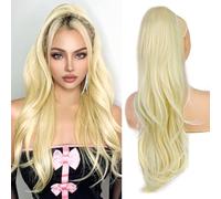 PORSMEER Ponytail Extension,Drawstring Ponytail Hair Extensions Blonde Colour 26 Inch Long Natural Straight Wavy End Synthetic Hairpiece for Women Girls Daily Use