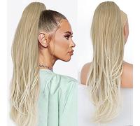 PORSMEER Ponytail Extension,Drawstring Ponytail Hair Extensions Blonde to Platinum Colour 26 Inch Long Natural Straight Wavy End Synthetic Hairpiece for Women Girls Daily Use