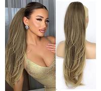 PORSMEER Ponytail Extension,Drawstring Ponytail Hair Extensions Ombre Brown 26 Inch Long Natural Straight Wavy End Synthetic Hairpiece for Women Girls Daily Use/Party