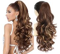 PORSMEER Ponytail Hair Extension Claw Clip in Ponytail Extensions Long Curly Wavy Ponytail Hair Extension Jaw Clip on Pony Tails Hairpiece for Women 26 inches (Chestnut Brown with Golden Highlights)