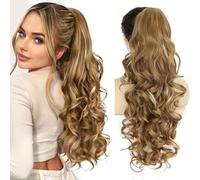 PORSMEER Ponytail Hair Extension Claw Clip in Ponytail Extensions Long Curly Wavy Ponytail Hair Extension Jaw Clip on Pony Tails Hairpiece for Women 26 inches (Medium Blonde with Blonde Highlights)