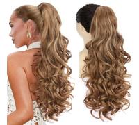 PORSMEER Ponytail Hair Extension Claw Clip in Ponytail Extensions Long Curly Wavy Ponytail Hair Extension Jaw Clip on Pony Tails Hairpiece for Women 26 inches (Light Brown with Highlights)