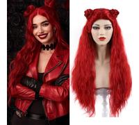 PORSMEER Rise Of Red Wig Costume Accessor,Long Wavy Curly Red Wig with Hair Bun for Women Girls Synthetic Hair Replacement Halloween Cosplay Party
