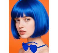 PORSMEER Short Bob Blue Wig and Sunglasses 12 Inch Straight Colorful Hair Wigs with Fringe for Women Unisex for Halloween Costume Cosplay Party Tourism+ Free Wig Cap