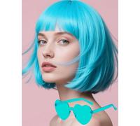 PORSMEER Short Bob Blue Wig and Sunglasses 12 Inch Straight Colorful Hair Wigs with Fringe for Women Unisex for Halloween Costume Cosplay Party Tourism+ Wig Cap